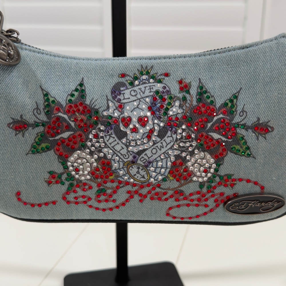 Ed Hardy Love Kills Slowly Denim Rhinestone Shoulder Bag Blue Y2K Tattoo Bag NWT - Picture 10 of 10
